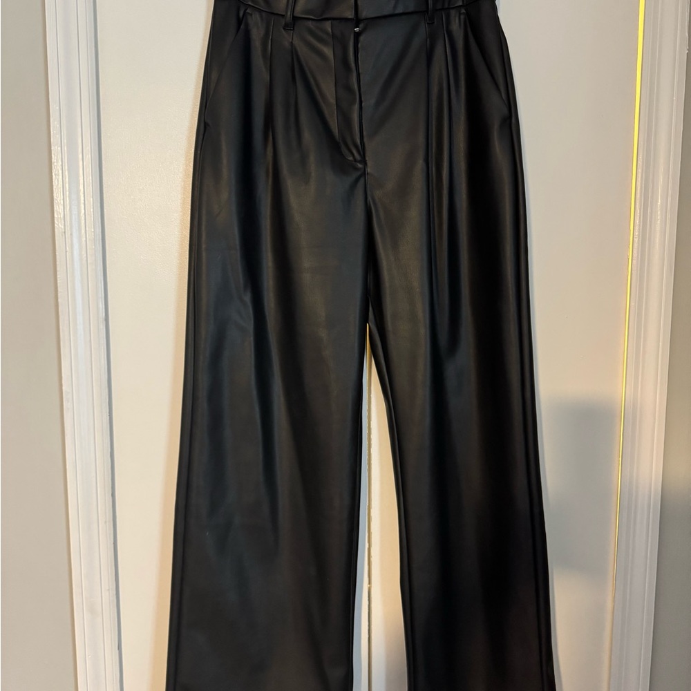 Black Wide-Leg Women's Pants Vegan Leather